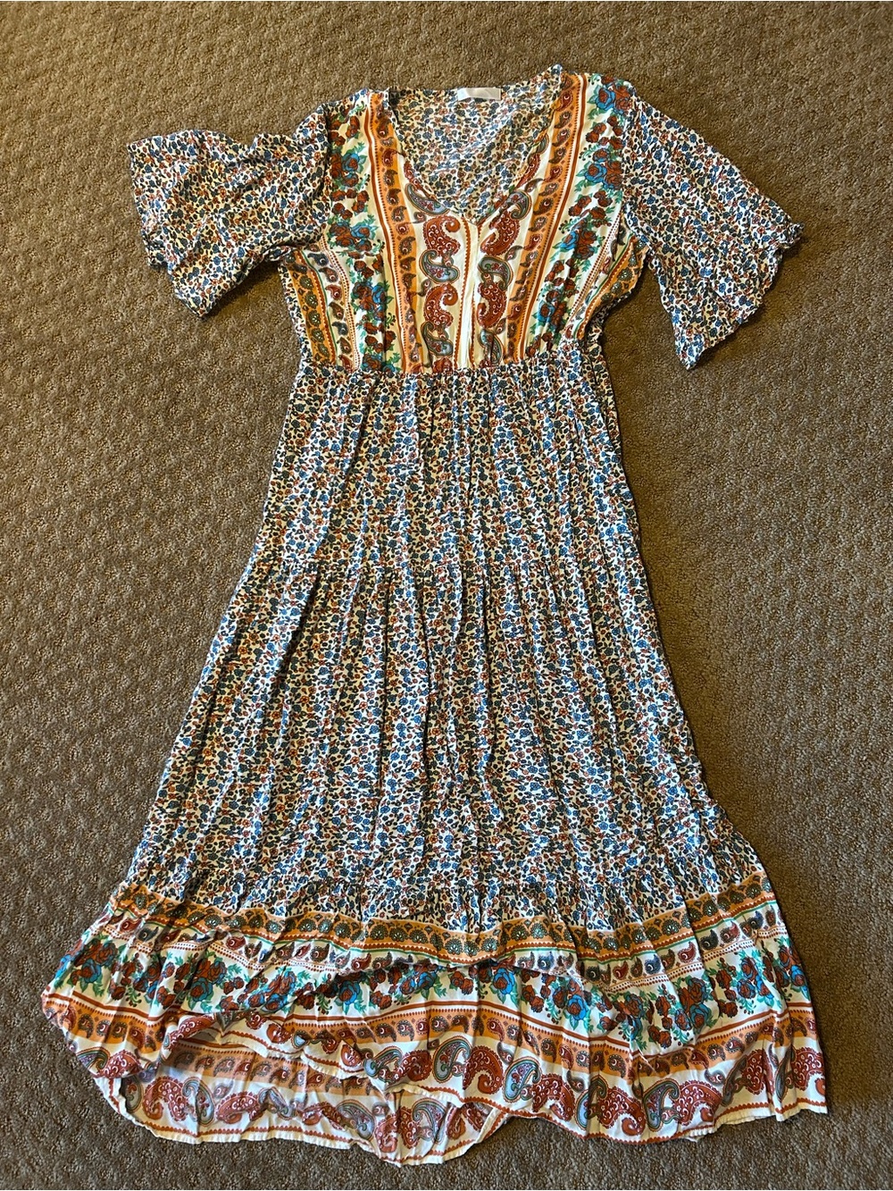 Boho Floral Paisley Maxi Dress in Teal, Rust & Cream